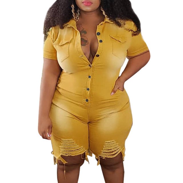 Mono corto Mono sexy para mujer Pantalones cortos con agujeros rasgados con bolsillos Mameluco corto de una pieza de manga corta de talla grande 1 1