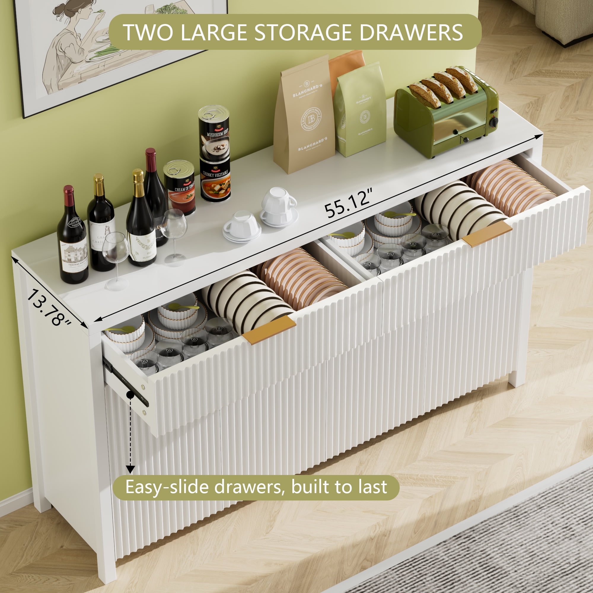 Sideboard Buffet Cabinet with Storage, 55" Storage Cabinet with Fluted Panel Doors & 2 Drawers, Adjustable Shelves for Kitchen, TV Stands for Living Room, Entryway, White