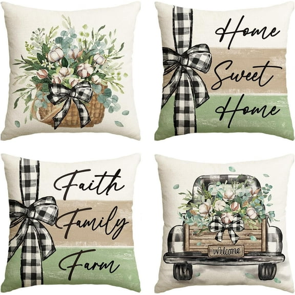 Home Sweet Home Farmhouse Eucalyptus Leaves Throw Pillow Covers, 16 x 16 Inch Truck Stripes Buffalo Plaid Cushion Case Decorations Set of 4
