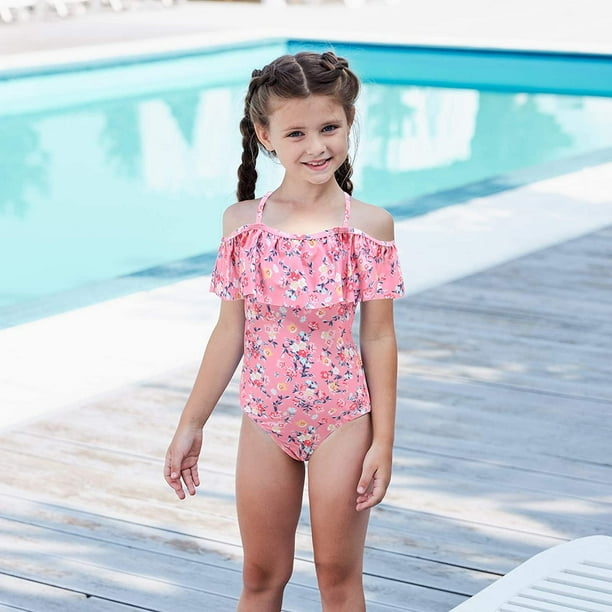 Girls One Piece Bathing Suit Off Shoulder Swimsuits Kids Hawaiian
