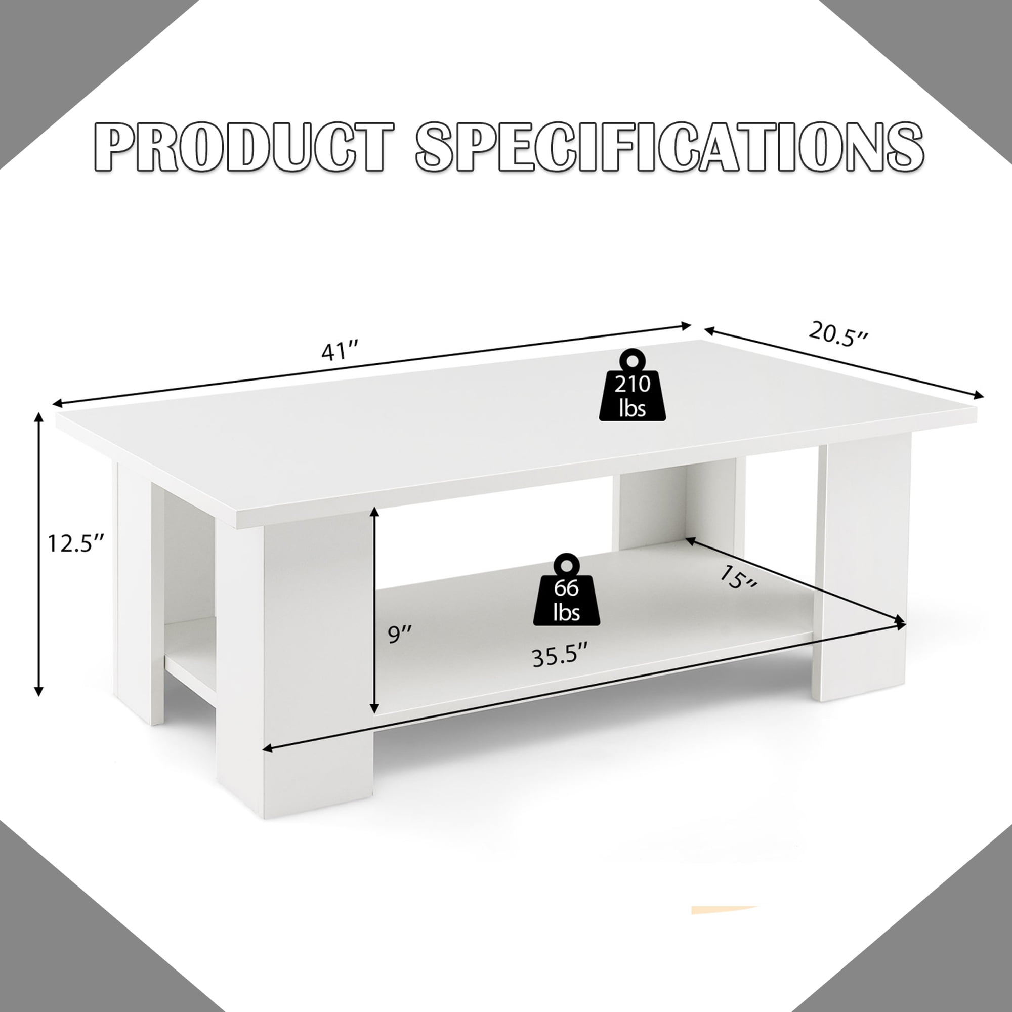 Costway Coffee Table 2-Tier Modern Center Cocktail Table W/Storage Shelf for Living Room White