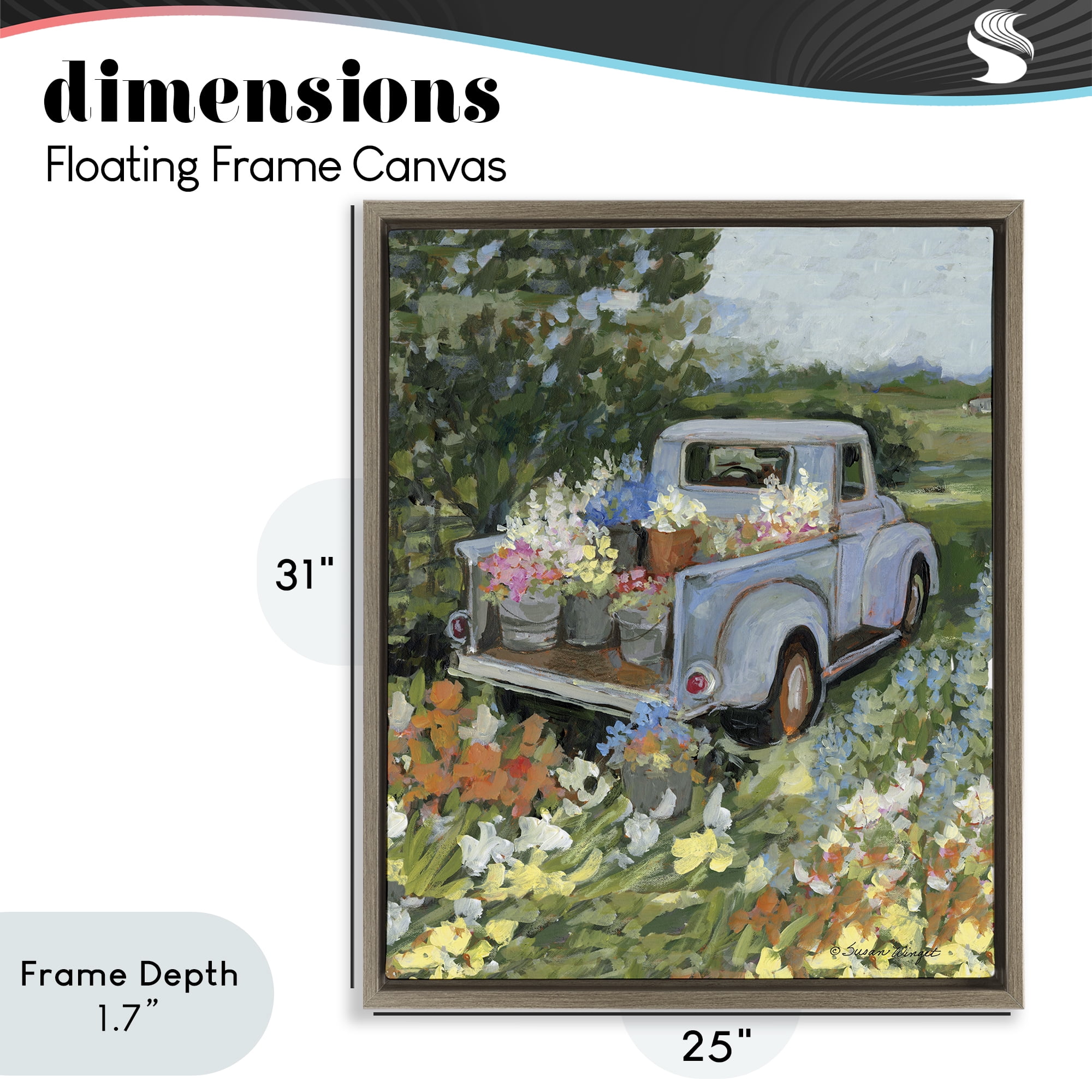Stupell Industries Truckin' Field with Flowers Brown Framed Floater Canvas Wall Art, design by Susan Winget