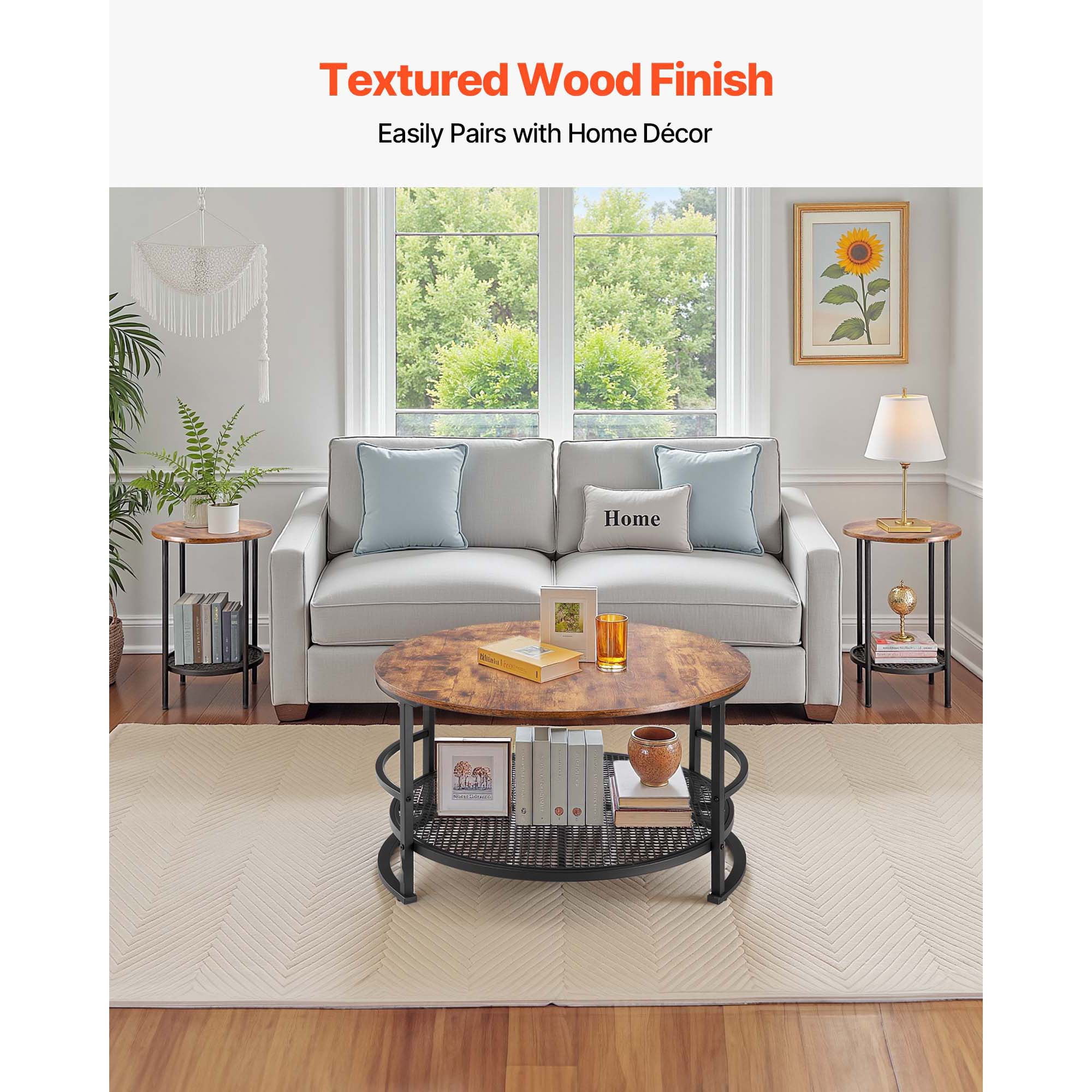 KFFKFF 3-Piece Round Coffee Table Set, 31.5-Inch Industrial Style Table with Two Side Tables, Easy-to-Assemble Metal-Leg Design for Living Room, Office, or Apartment
