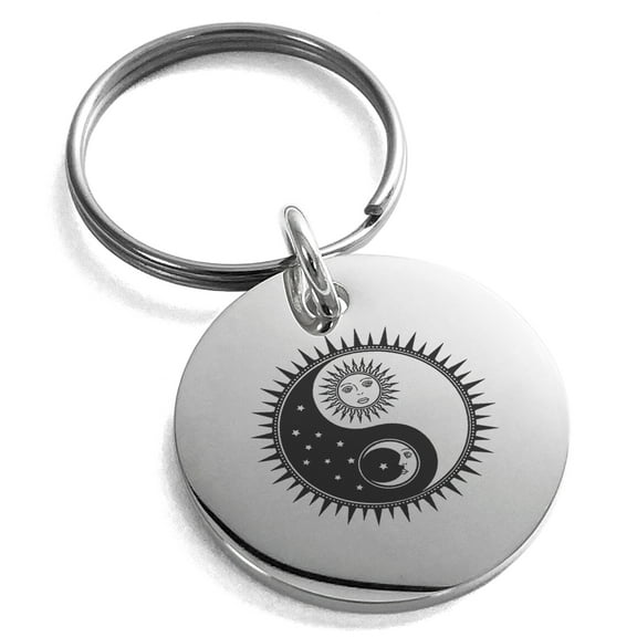 Stainless Steel Sun & Moon Yin Yang Engraved Small Medallion Circle Charm Keychain Keyring