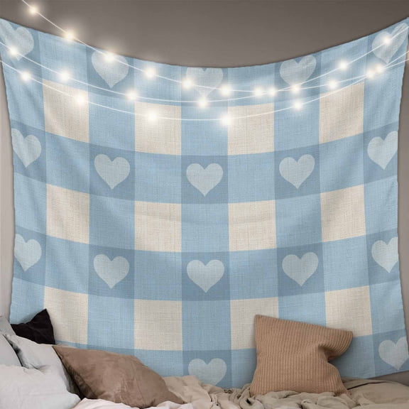 Blue Plaid Tapestry for Bedroom Wall Hanging Tapestry, Country Cute Love Pastoral Heart Lattice Ceiling Backdrop Tapestries Poster Blanket Wall Decor for Teens Room Living Room Dorm 55" x 73"