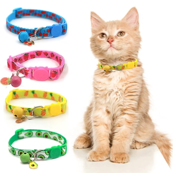 4 Colliers pour Chat, Collier pour Chat avec Boucle de Sécurité et Clochette, Collier Ajustable Imprimé Fruit avec Ananas, Cerise, Citron, Avocat pour Chatons Chiots et Chiens Mignons (Fruit)