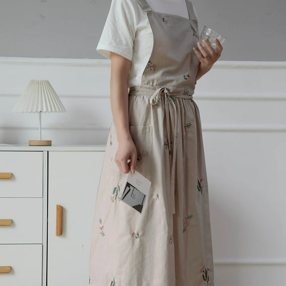 Cotton Pleated Apron Retro Waterdrop Proof Garden Cleaning Pinafore Dress-Floral Beige