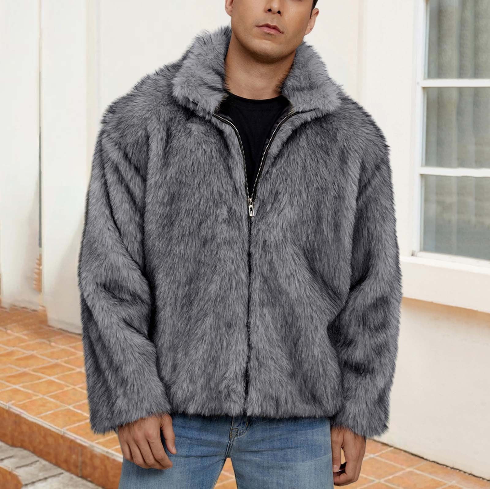 Lekwk Mens Faux Fur Coat Full Zip Turndown Collar Coats Furry