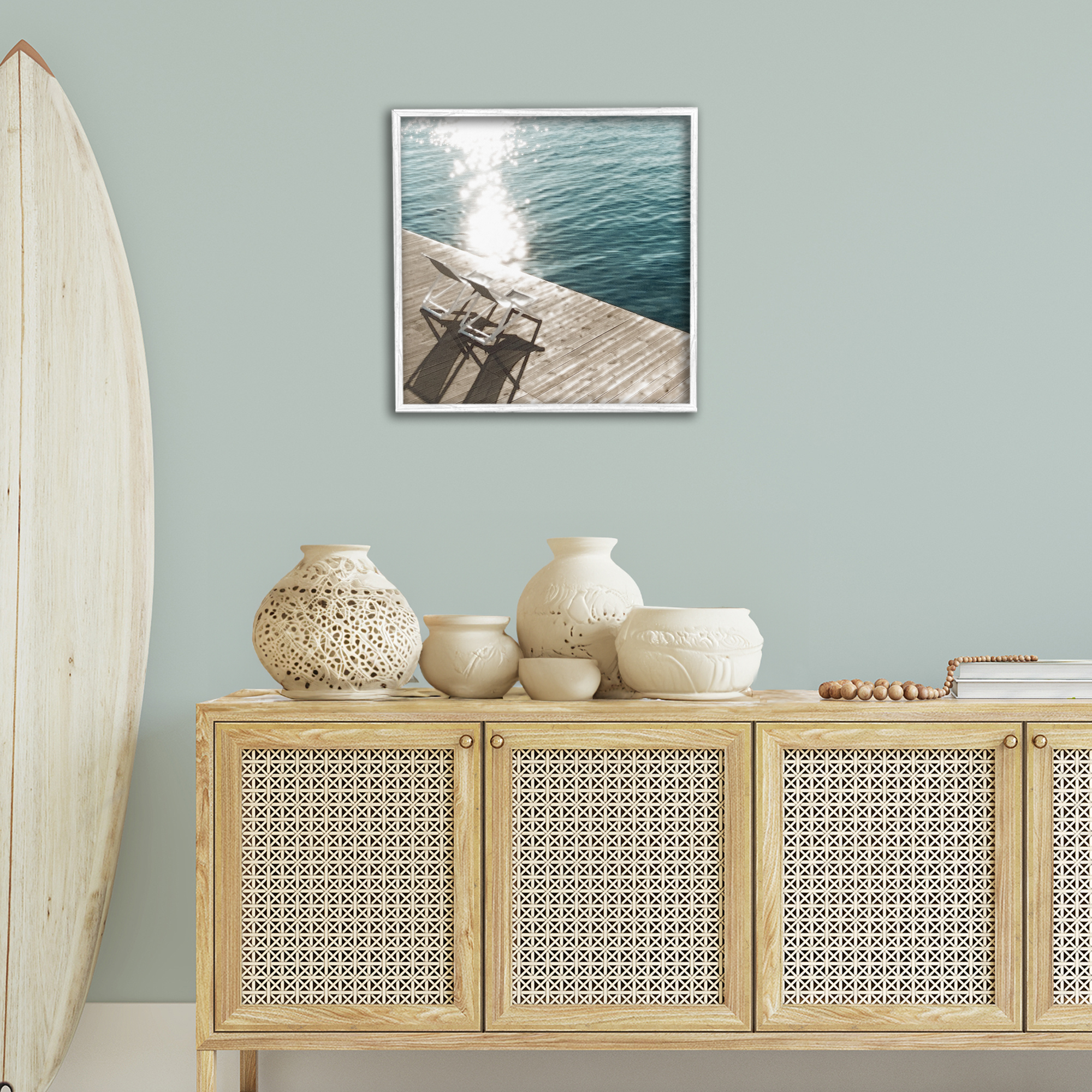Stupell Industries Deck Chair Shadows Landscape Painting White Framed Art Print Wall Art, 24 x 24