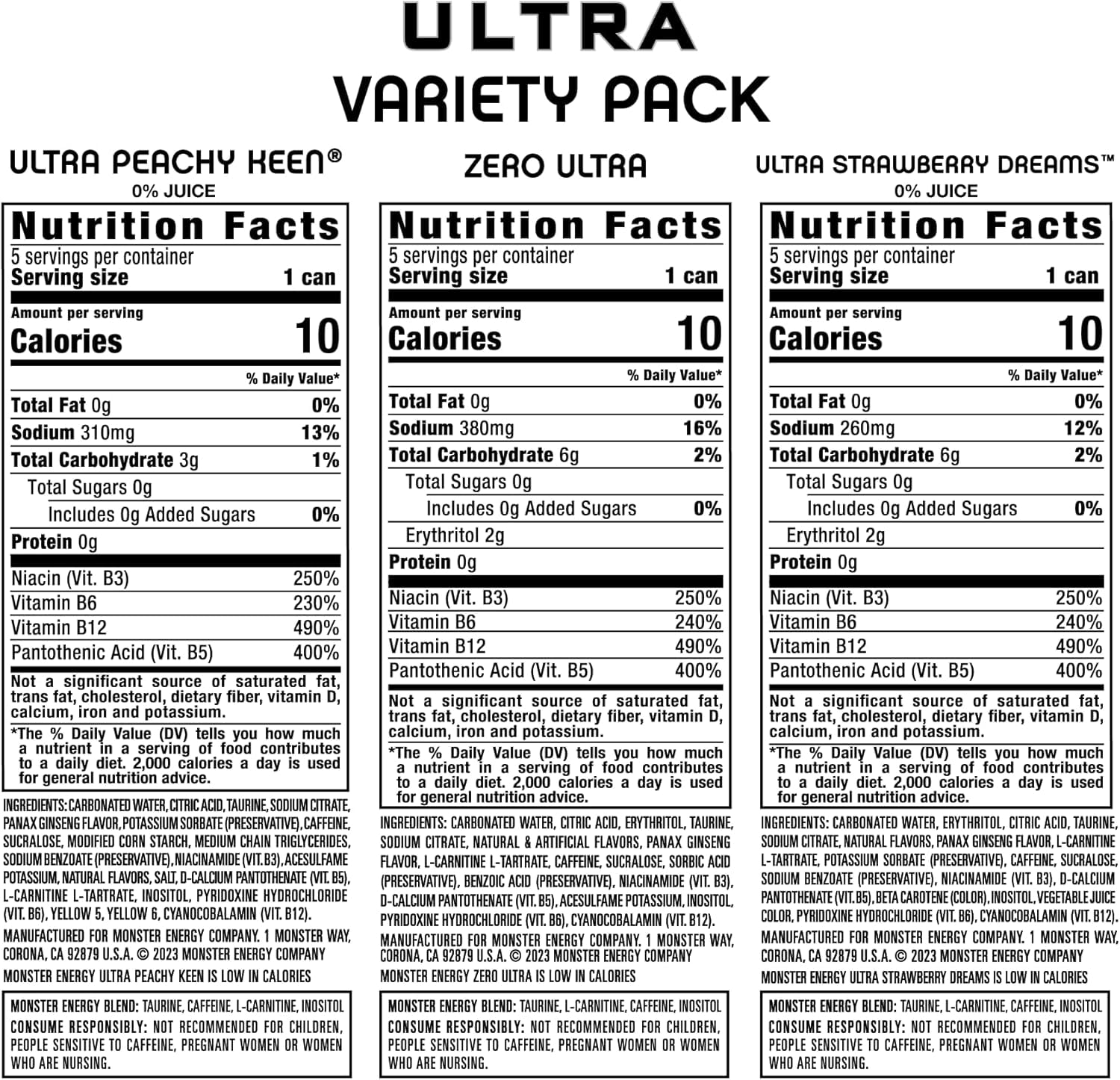 Monster Energy Ultra 3 Flavor Variety Pack, Zero Ultra, Ultra Peachy Keen, Ultra Strawberry Dreams, Sugar Free Energy Drink, 16 Ounce (Pack of 12)