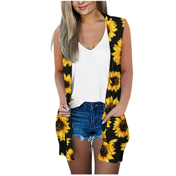 jsaierl Sleeveless Cardigan Women Summer Lightweight Open Front Draped Flower Printed Duster Vest Casual