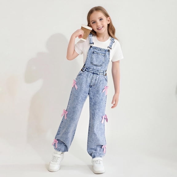 Cethrio Girls Denim Overalls Size 10-12, Wide Leg Adjustable Straps Fashion Stretchy Jeans Jumpsuits Light Blue Size 10-12