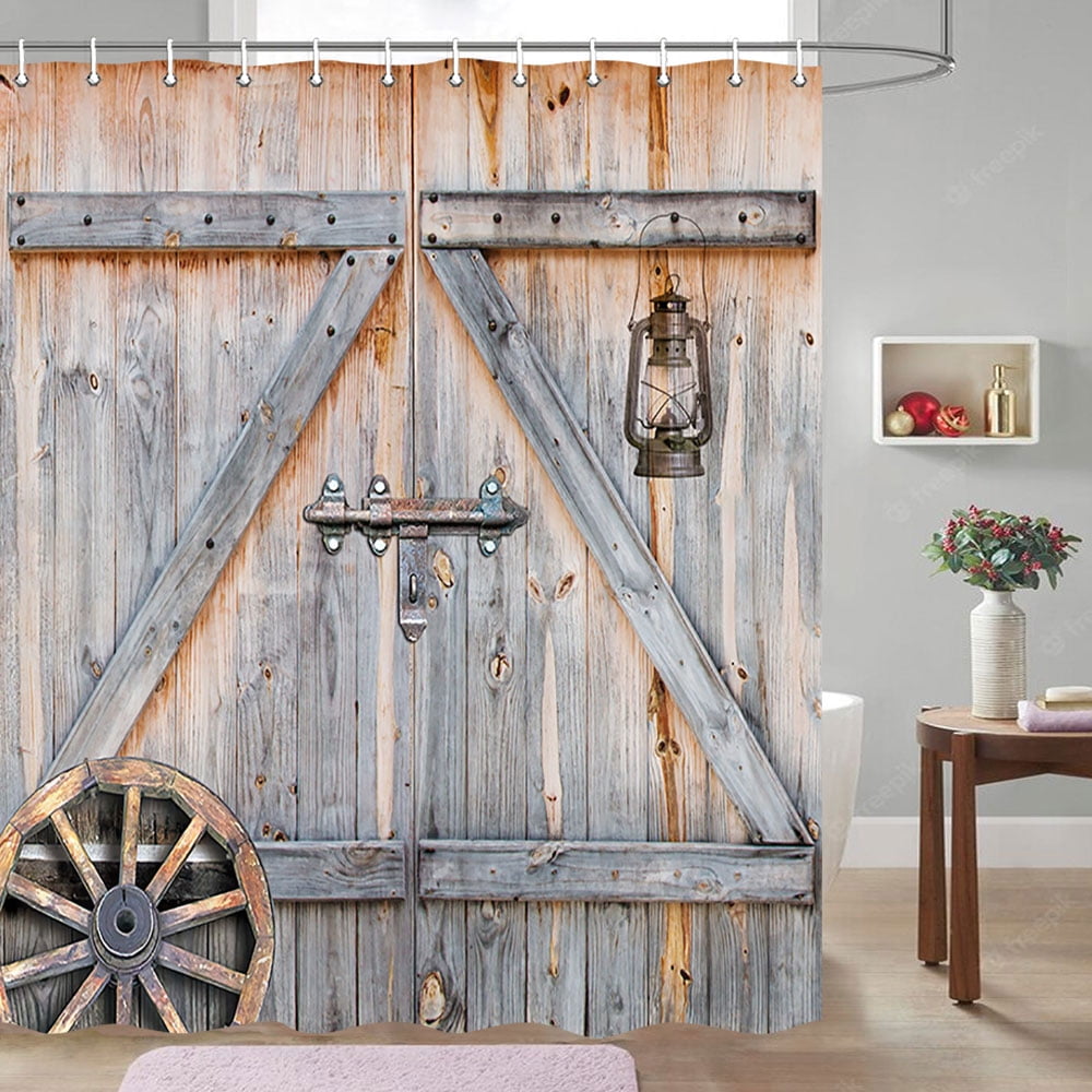 Rustic Barn Door Shower Curtain, Gray and White Wood Shower Curtain for
