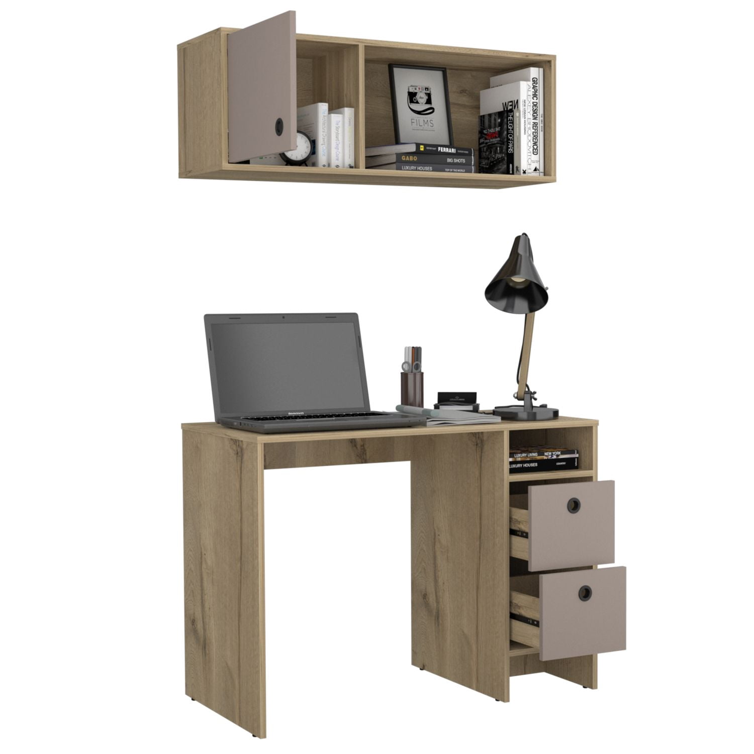 Compact Student Desk with Hutch, 39 in Writing Desk with Keyboard Drawer, Storage Drawer, and Five Hutch Shelves for Home Office
