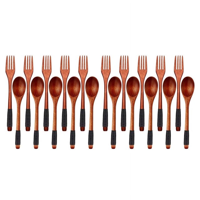 Juego de cucharas y tenedores de madera, juego de utensilios de madera de estilo japonés para comer, juego de cubiertos de madera reutilizables (cordones negros, 20 piezas)