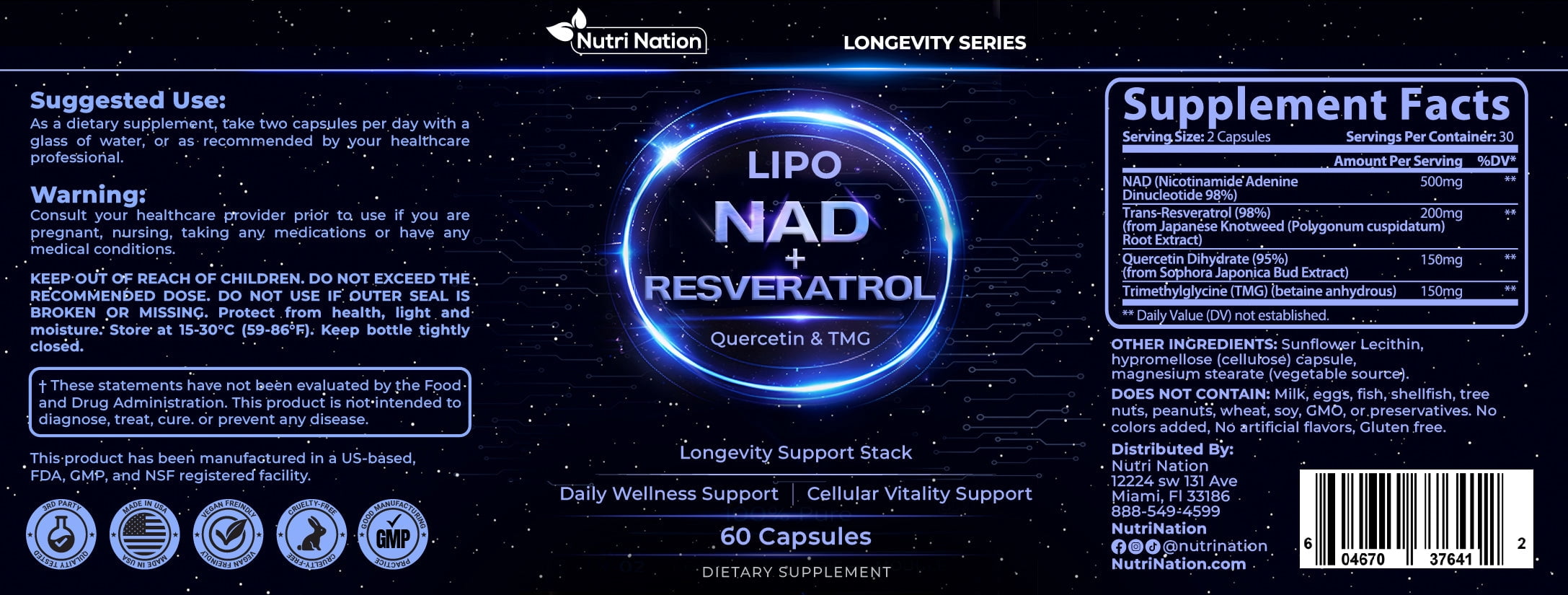 Liposomal NAD Supplement with Resveratrol, Quercetin and TMG for Anti Aging and Cell Regeneration, 3 Bottles, 180 Capsules