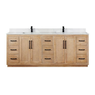 Floral 84" Wood Vanity in Light Brown Calacatta White Quartz Top no Mirror