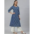 thumbnail image 5 of Janasya Indian Women's Blue Cotton Block Print Flared 3/4 Sleeve Round Neck Kurta, 5 of 7