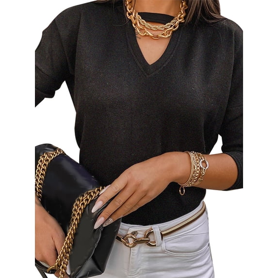 Gvmfive Women Solid Long Sleeve V-Neck Baggy Casual Knit Tops
