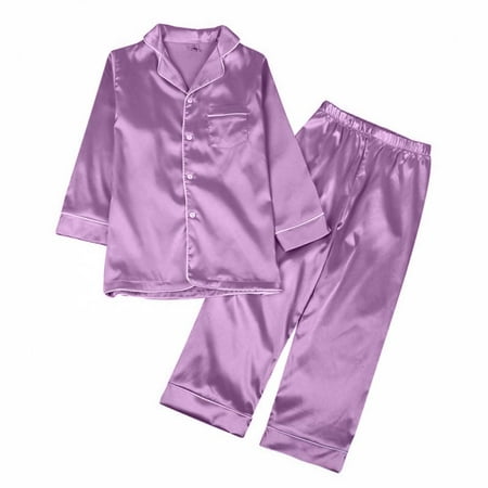 

Promotion!Toddler Kids Boy Girl Silk Satin Pajamas Loungewear Two-piece Sleepwear Button-Down Pj Set