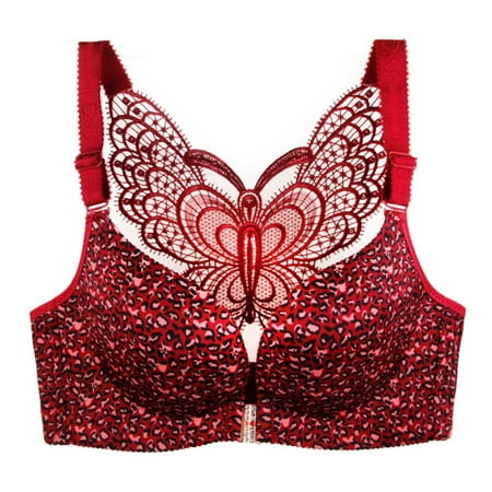

Butterfly Embroidery Front Closure Wireless Bra Adjustable Push Up Bra Plus Size Everyday Wireless Women Bralettes 34/75D Red Leopard Grain