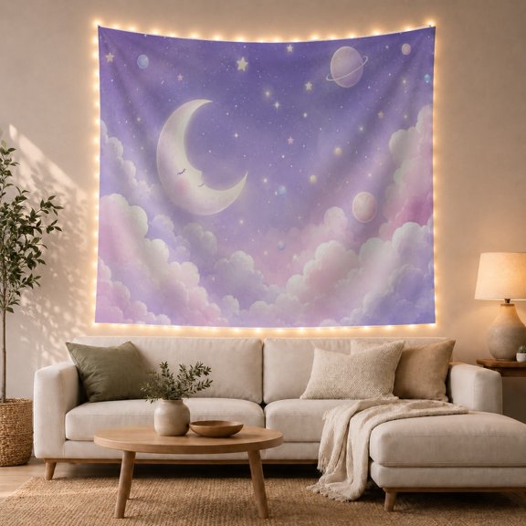 Crescent Moon with Celestial Clouds and Planets, Whimsical Watercolor for Astronomy Fans, Cosmic Dream Wall Art, Mother's Day Gift, Tapestry Wall Hanging for Bedroom and Living Room