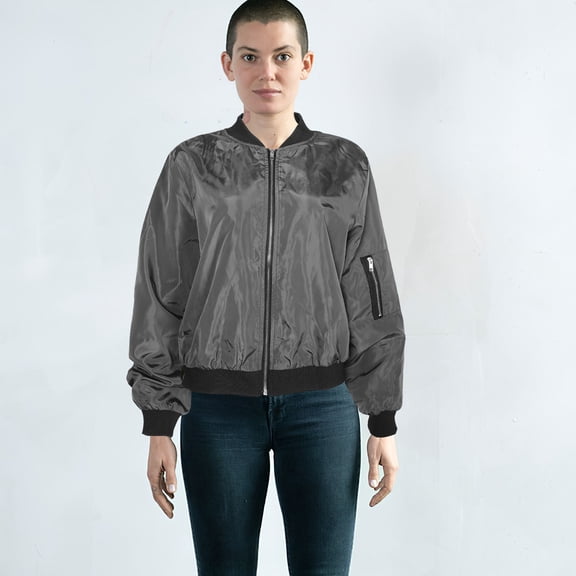 LOLIPPYY Womens Stylish Short Grey Jacket with Long Sleeves Polyester Casual Windbreaker