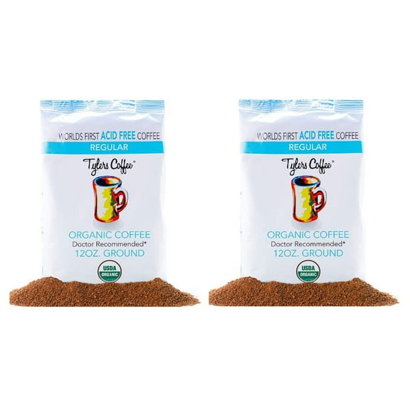 Tyler’s No Acid Organic Ground Coffee - 100% Arabica Full Flavor - Neutral pH - No Bitter Aftertaste - Gentle on Digestion, Reduce Acid Reflux - Protect Teeth - For No Acid Diets - 12 oz (Pack of 2)