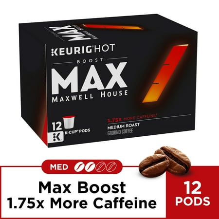 MAX Boost by Maxwell House 1.75x Caffeine Medium Roast Ground Coffee K-Cup Pods, 12