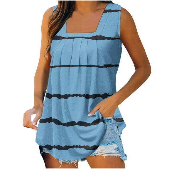 Wycnly Tank Tops for Women Lightweight Comfy Loose Pleated Swing Trendy Tunic Tank Tops Summer Striped Print Square Neck Sleeveless Shirts Fashion Blouses Blue l