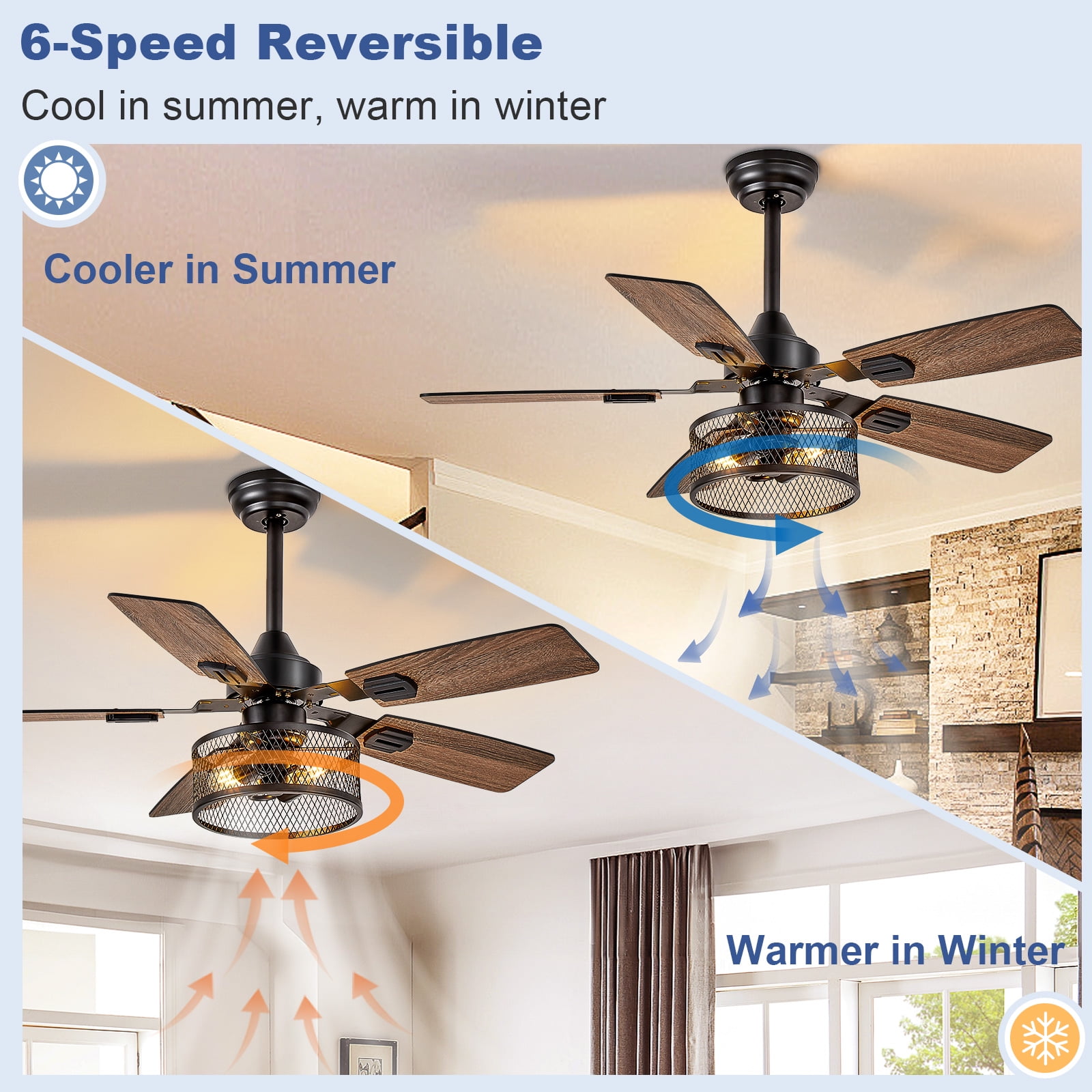 Depuley 42-Inch Fine Net Caged Ceiling Fans with Lights: Dual Finish 5 Black Walnut Blades Hanging Fan - Rustic Ceiling Fan with Remote Control for Farmhouse Indoor/Outdoor Use