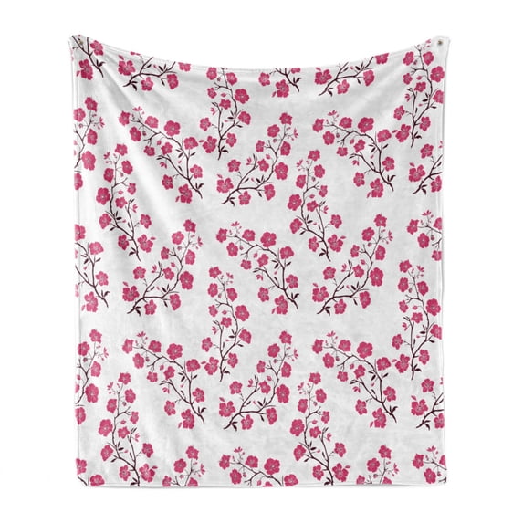 Floral Soft Flannel Fleece Throw Blanket, Twig of Sakura Trees with Bloomed Pink Cherry Blossom Flowers Pattern, Cozy Plush for Indoor and Outdoor Use, 70" x 90", Magenta Maroon White, by Ambesonne