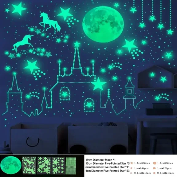 Glow-in-the-Dark Stars and Moon Wall Decals – Fluorescent Ceiling Star Stickers, Decorative Self-Adhesive 3D Luminous Starry Sky Pattern Night Sky Decorations for Kids Bedroom, Baby Room & Home Décor