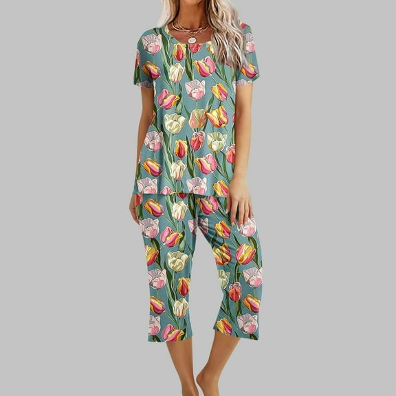 Runfenguu Birthday Outfits For Women Sexy Women'S Fashionable Printed Casual Round Neck Short Sleeved Pajamastcropped Pants Pajamas Set