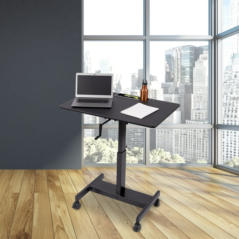 Stand Up Desk Store Crank Adjustable Height Single Column Rolling Mobile Standing Desk Black Frame Black Top 36