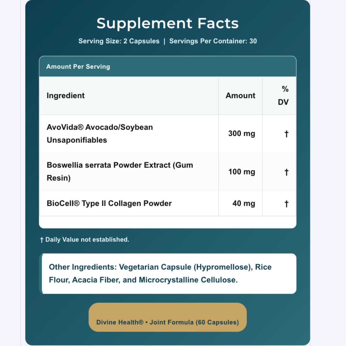 Dr. Colbert, MD Joint Formula | by Divine Health | Joint Health | AvoVida | Boswellia | 60 Capsules | 30 Servings