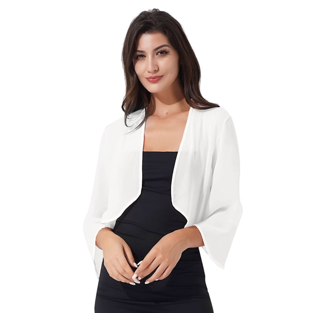 YUUMIN Boléro en Chiffon Transparent à Manches 3/4 pour Femmes, Veste Ouverte pour Mariage Robe de Soirée Ivoire 3TG