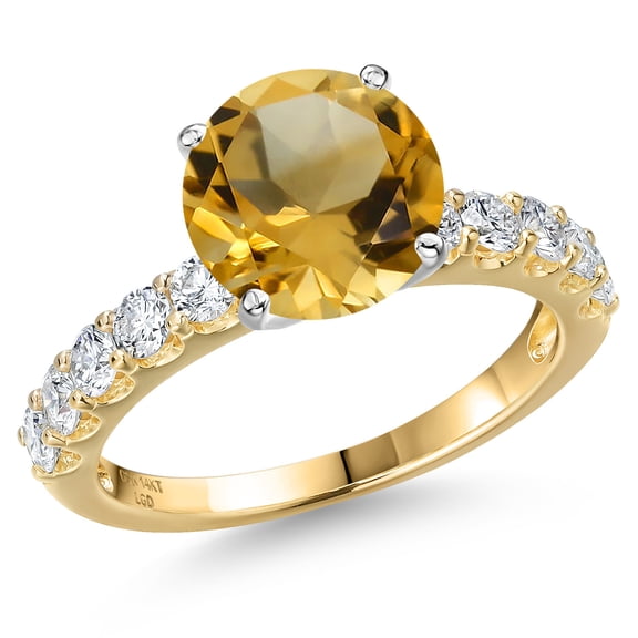 Gem Stone King 14K Two Tone Gold Yellow Citrine and Lab Grown Diamond Engagement Ring for Women | 3.45 Cttw | Round 9MM | Gemstone November Birthstone | Size 5