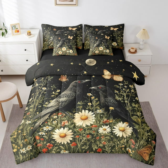 YST Ensemble Douillette 7 Pcs, Lit Simple Tout-en-un, Corbeau Noir, Floral Rustique