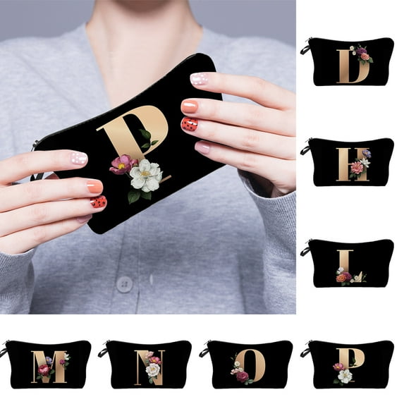 shenmeida 3D Digital Printing Letter Flower Pattern Cosmetic Pouch Letter Makeup Bag Toiletry Bag Printing Portable Cute Makeup Pouch for Women Girls Vacations