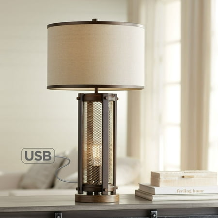 Antique Brass Led - Franklin Iron Works Farmhouse Table Lamp with USB and Nightlight LED Edison Bulb Antique Brass White Shade for Living Room Bedroom