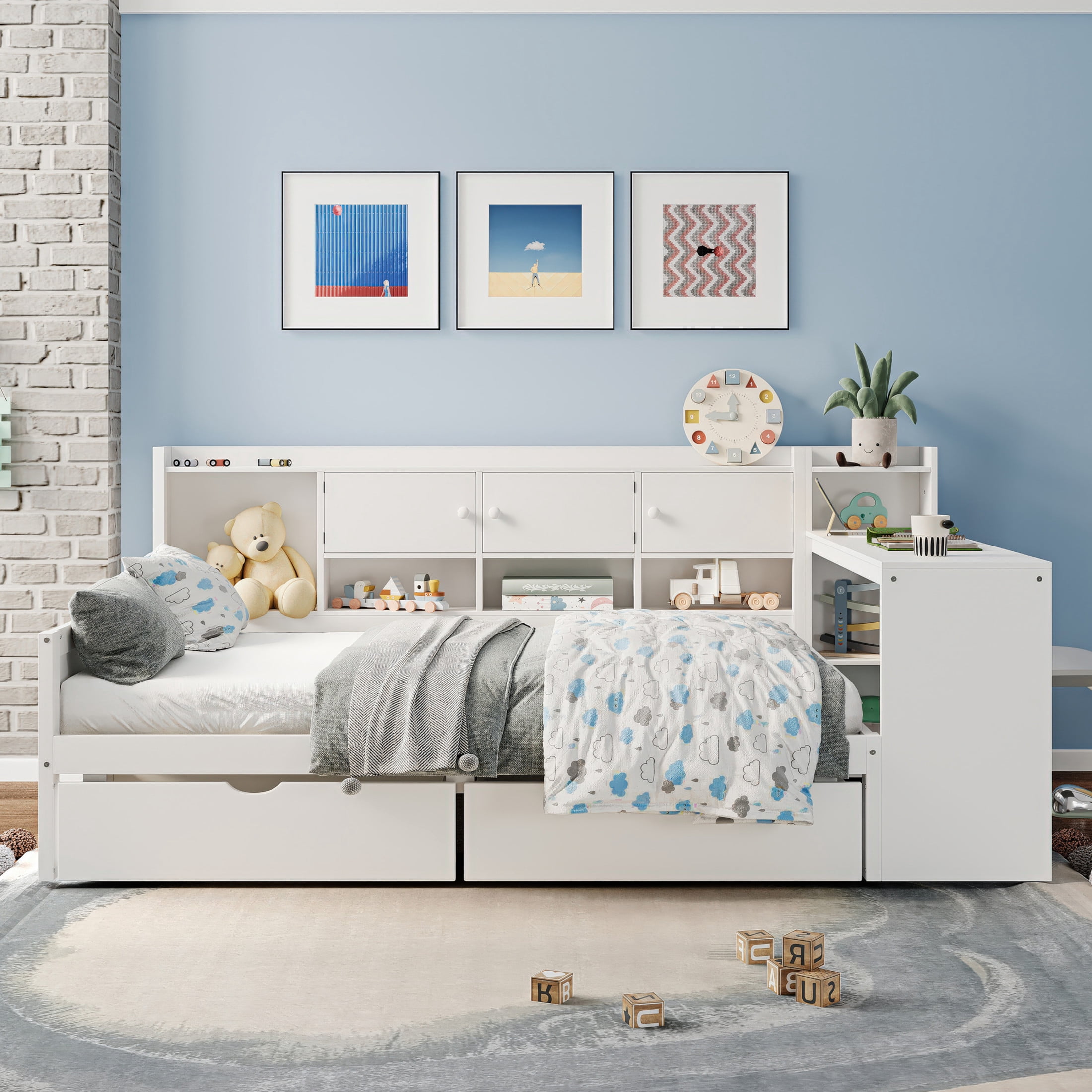 Noble House L-Shaped Full Daybed with Storage Shelves, Desk and 2 Drawers, White