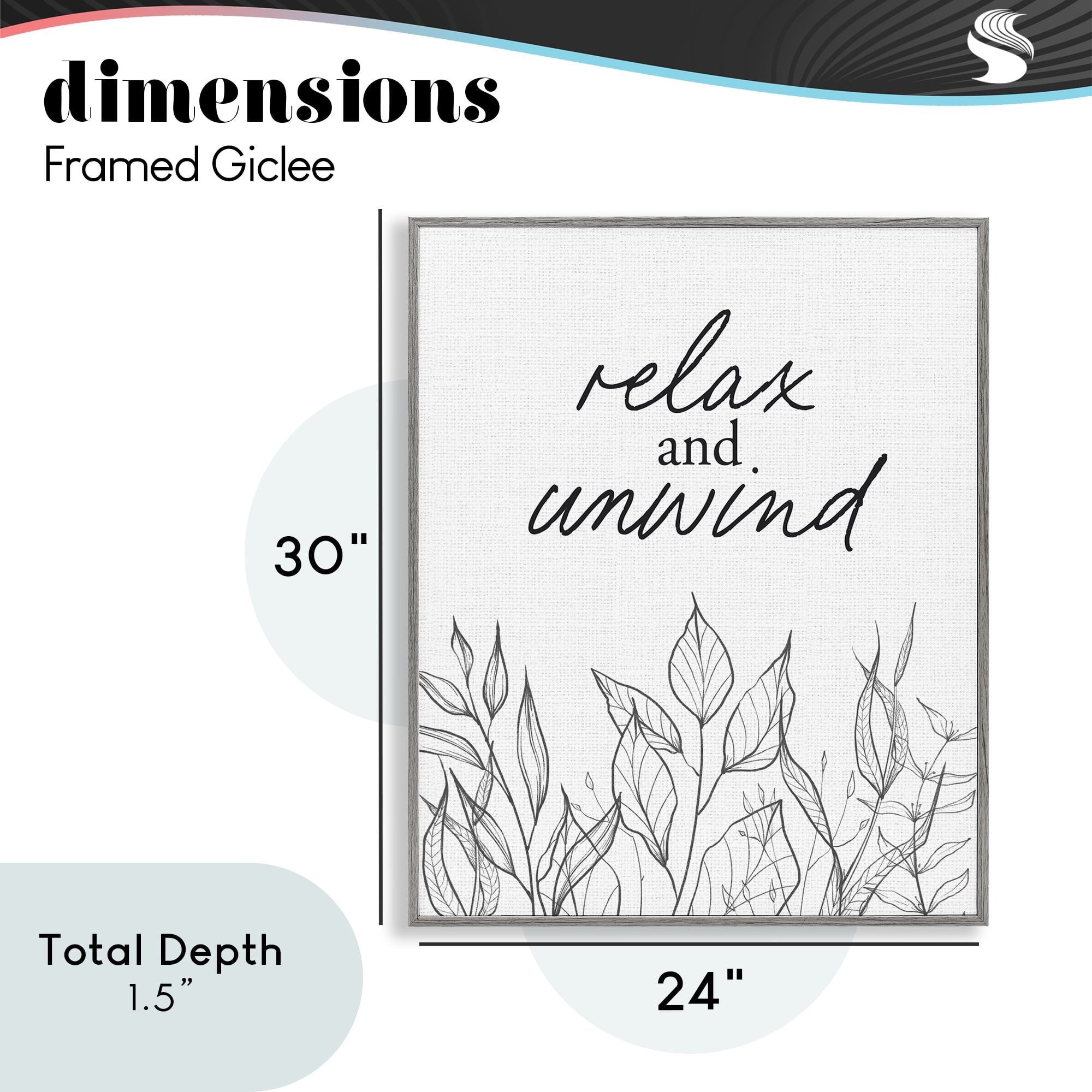 Relax Unwind Minimalist Leaves Gray Framed Giclee Art, design by Lettered and Lined