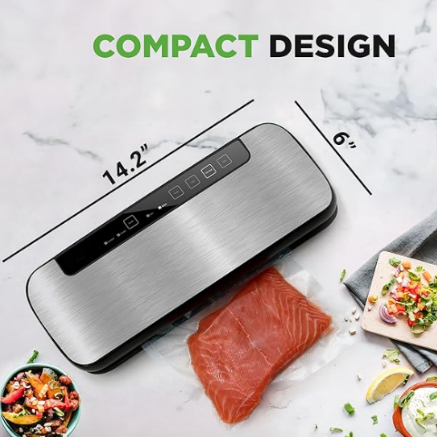 Food Vacuum Sealer Machine, Stainless Steel Automatic Air Sealing System for Dry/Moist Foods, LED Touch Controls, Includes Vacuum Hose, Bag Roll and Wine Stopper, 110W Suction Power, 14"x6"