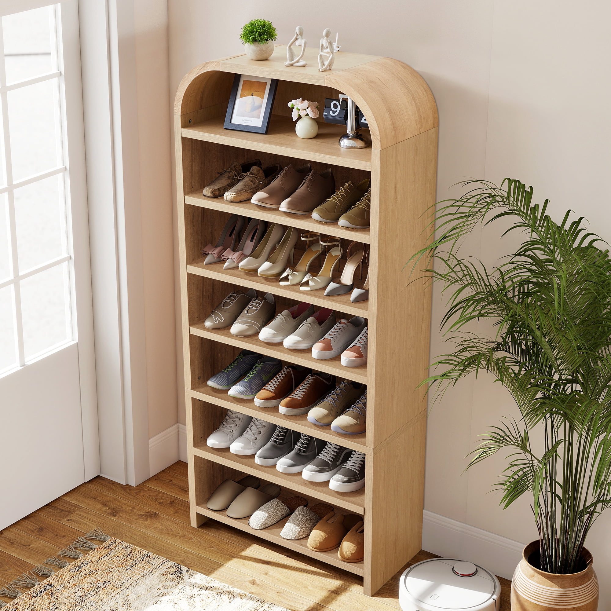 Wirrytor 7-Tier Arched Tall Shoe Cabinet, Freestanding Shoe Closet Organizer with Adjustable Shelves, Wood Rack for Entryway Hallway Bedroom, Natural