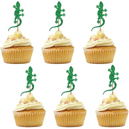 12pcs Gecko Cupcake Toppers for Kids Birthday, Green Glitter Reptile Pet Sign Cupcake Toppers, Cake Decorations for 1st Birthday/Baby Shower Party Supplies