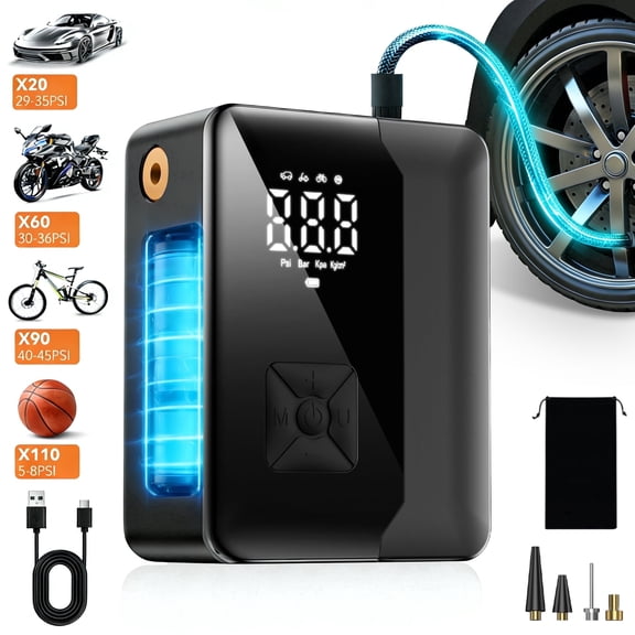 KT1 7200mAh Tire Inflator Portable Air Compressor with Digital Pressure Gauge, LED Light, 160PSI Fast Inflation for Car, Bikes, Sports Balls, Inflatable Toys, Perfect for Families, Outdoor, Indoor