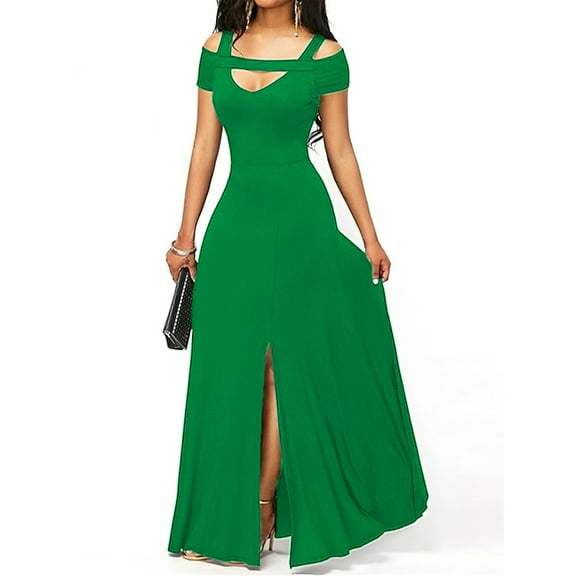 Women's Evening Gowns Slit Cold Shoulders Short Sleeve Maxi Dresses Elegant V Neck Flowy Cocktail Party Prom Dress