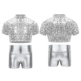 thumbnail image 5 of renvena Kids Girls Short Sleeves Sparkly Crop Top and Shiny Metallic Short for Cheerleading Performance Silver 10, 5 of 7