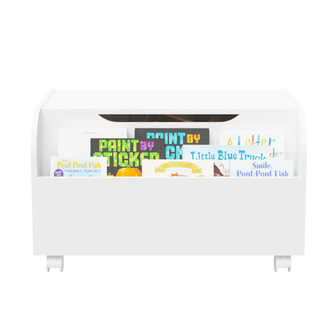 Kids Toy Storage Organizer with Front Bookshelf, Wooden Toy Box with 4 Universal Wheels, Flip-Top Lid, Safety Hinge, Boys Girls Toy Chest Bench for Playroom Kids Room Organization(White)